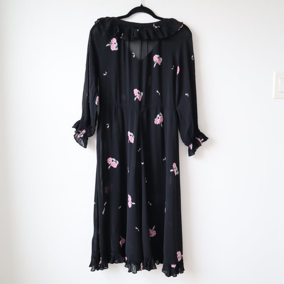 Vintage 70s Albert Nipon Black Floral Sheer Midi Dress, Size Small - Picture 2 of 16